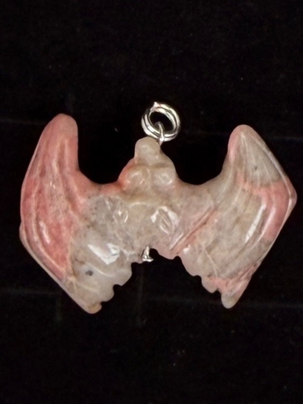 Vintage Carved Pink Gray Eagle Bird Pendant Silver Tone Bail
